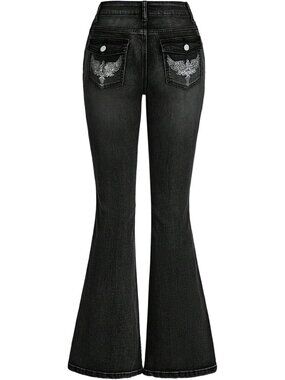 Women's Black Denim Pull On Y2k Goth High Waist Mid Rise Bell Bottom Jeans